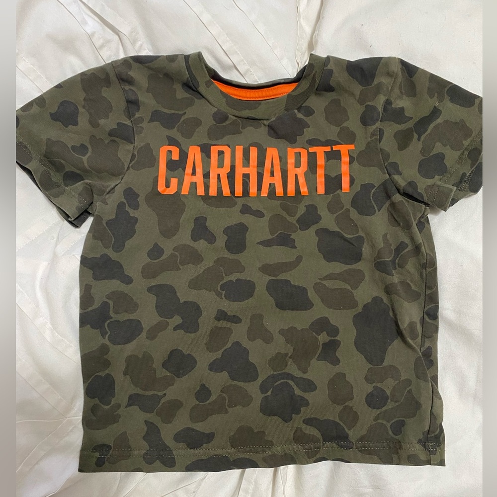Kids 3t Carhartt shirt. Camo with orange writing.